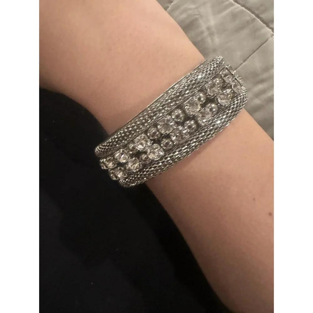 Silver Tone Sparkly Rhinestone Wide Bangle Bracelet‎ Womens Cuff Costume Jewelry
